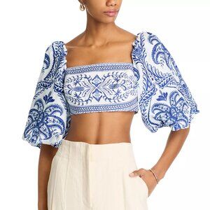 Farm Rio Linen Balloon Sleeve Cropped Blouse Top Size L Blue White